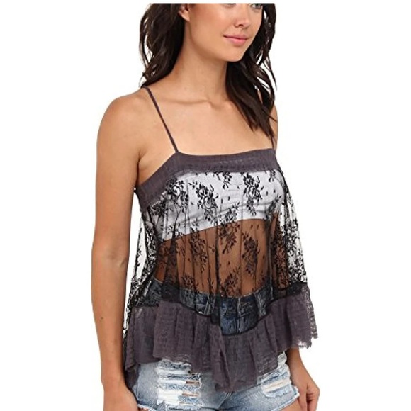 Free People Intimately Black /Gray Trapeze See-Through Camisole Top w Lace Inset - Picture 3 of 6